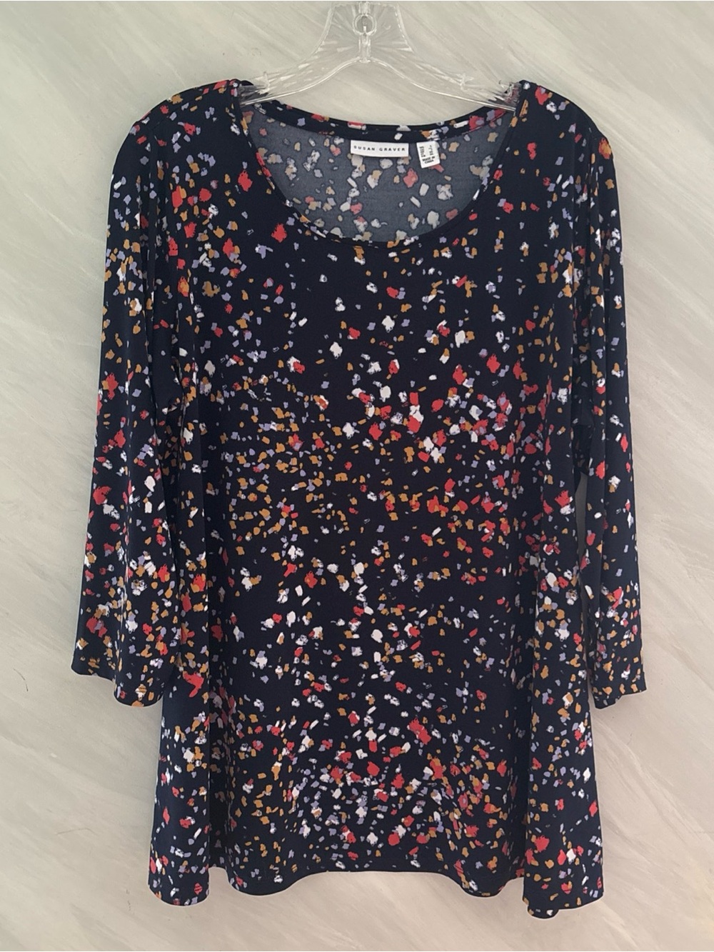Susan Graver L Navy/Colorful Confetti 3/4 Sleeve Liquid Knit Tunic Blouse Artsy